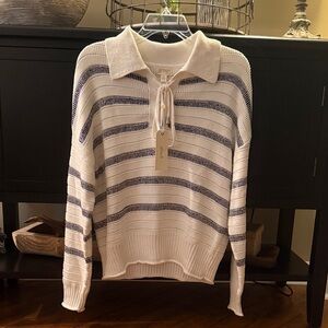 J. Crew Striped Collared V-Neck Sweater in Cream & Navy